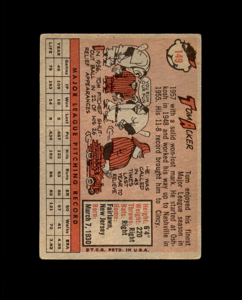 Tom Acker Signed Original 1958 Topps Cincinnati Redlegs Autograph