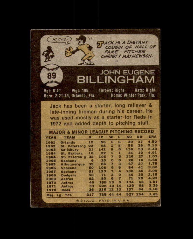 Jack Billingham Signed Authentic 1973 Topps Cincinnati Reds Autograph