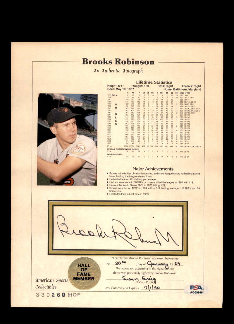 Brooks Robinson PSA DNA Signed 8x10 Hall of Fame Stat Photo Autograph Orioles