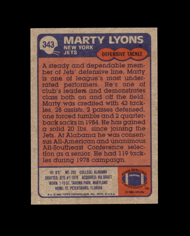 Marty Lyons Signed 1985 Topps New York Jets Autograph