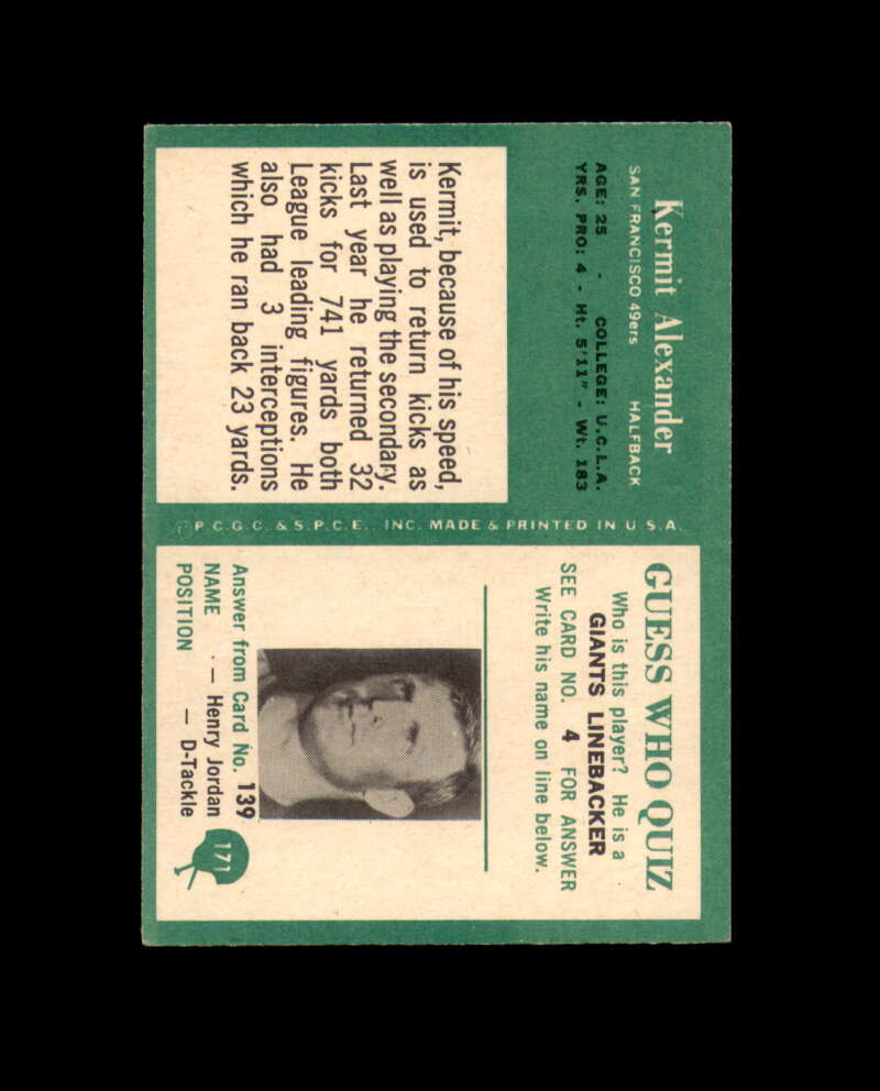 Kermit Alexander Signed 1966 Philadelphia Gum San Francisco 49ers Autograph