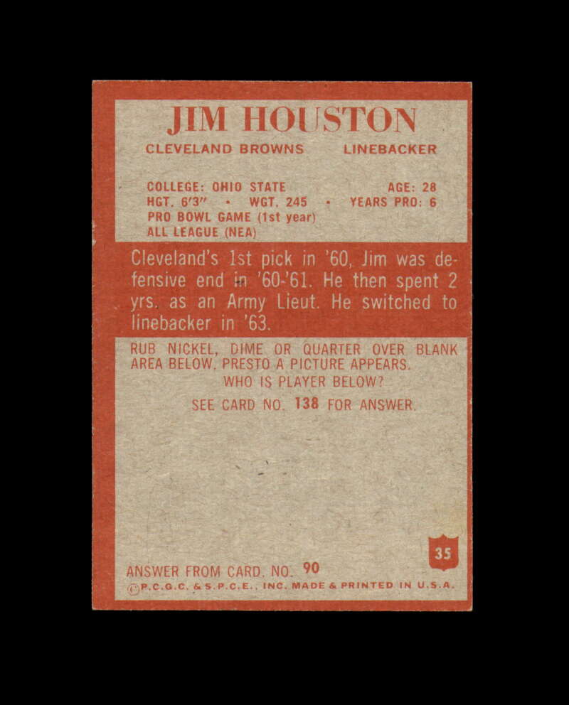 Jim Houston Signed 1965 Philadelphia Gum Cleveland Browns Autograph