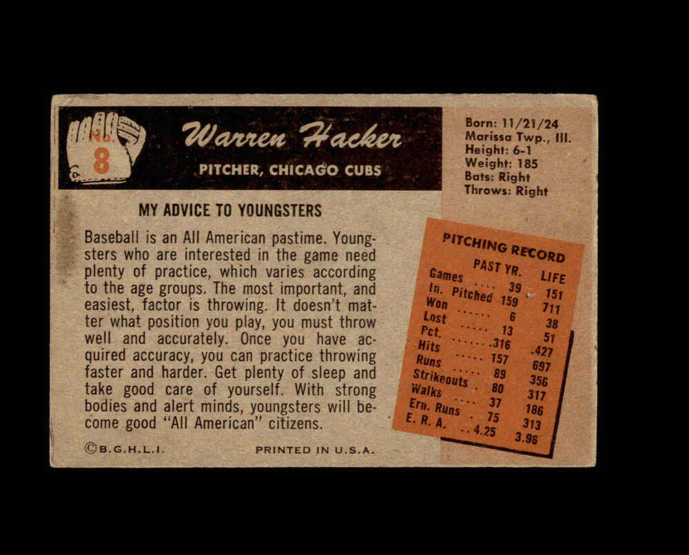 Warren Hacker Signed 1955 Bowman Chicago Cubs Autograph