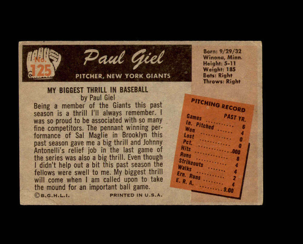 Paul Giel Signed 1955 Bowman New York Giants Autograph