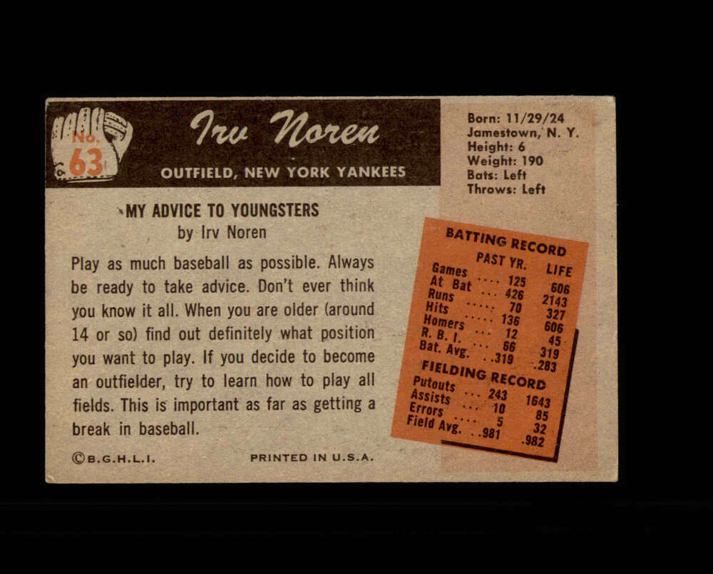 Irv Noren Signed 1955 Bowman New York Yankees Autograph