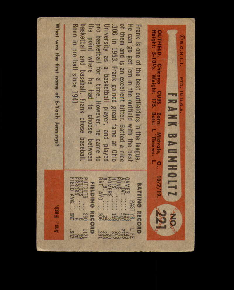 Frank Baumholtz Signed 1954 Bowman Chicago Cubs Autographed