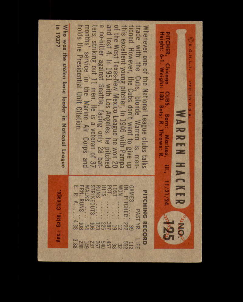 Warren Hacker Signed 1954 Bowman Chicago Cubs Autographed