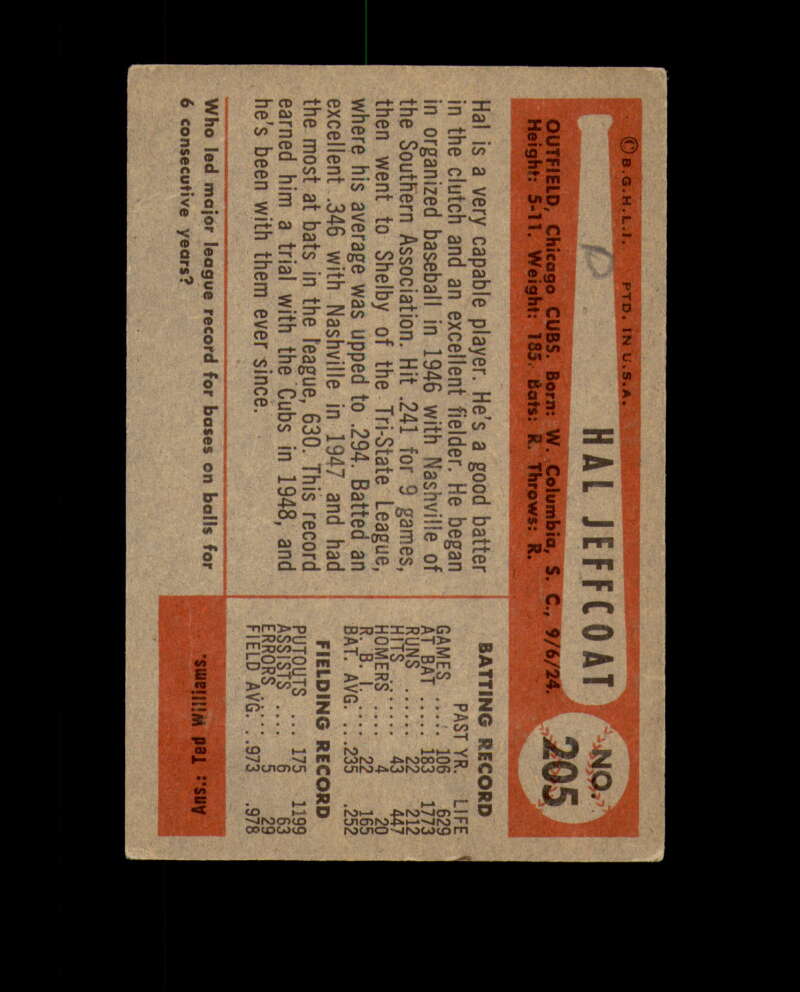 Hal Jeffcoat Autographed 1954 Bowman Chicago Cubs Signed