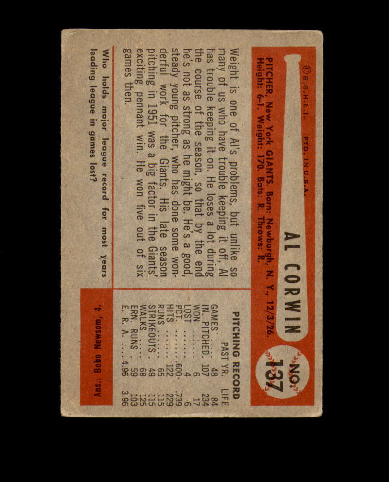 Al Corwin Signed 1954 Bowman New York Giants Autograph