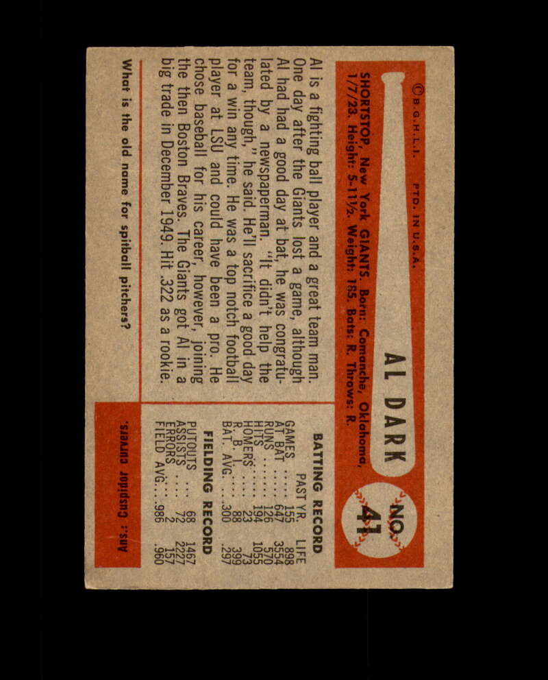 Al Dark Signed 1954 Bowman New York Giants Autograph