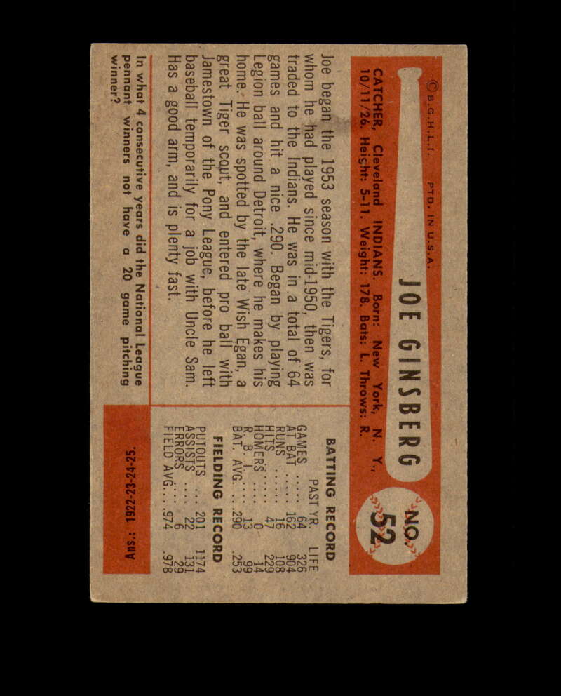Joe Ginsberg Signed 1954 Bowman Cleveland Autograph