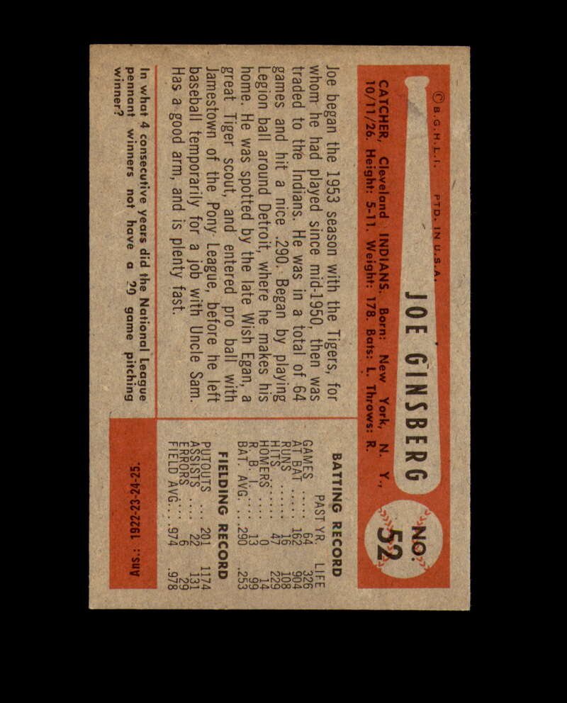 Joe Ginsberg Autograph 1954 Bowman Cleveland Signed
