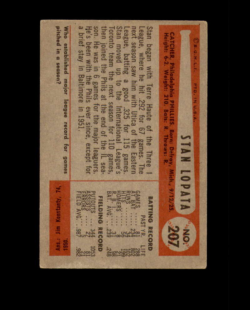 Stan Lopata Signed 1954 Bowman Philadelphia Phillies Autographed