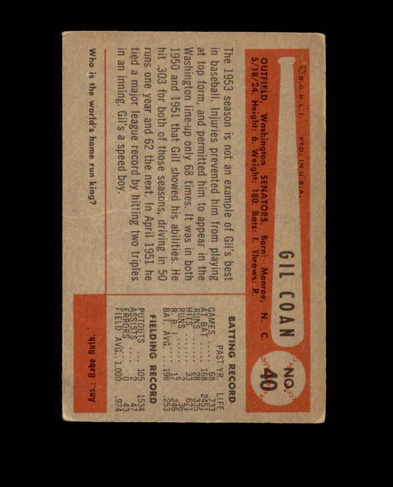 Gil Coan Autograph 1954 Bowman Washington Senators Signed