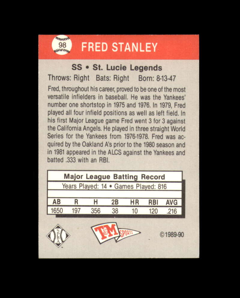 Fred Stanley Signed 1989 TM Senior League St. Lucie Legends Autograph