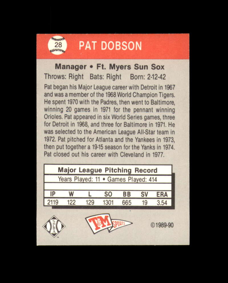 Pat Dobson Signed 1989 TM Senior League Ft. Myers Sun Sox Autograph
