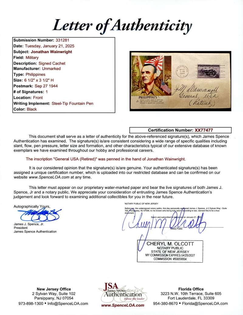 Jonathan Wainwright JSA Loa Signed 1944 First Day Cover Cache FDC Autograph