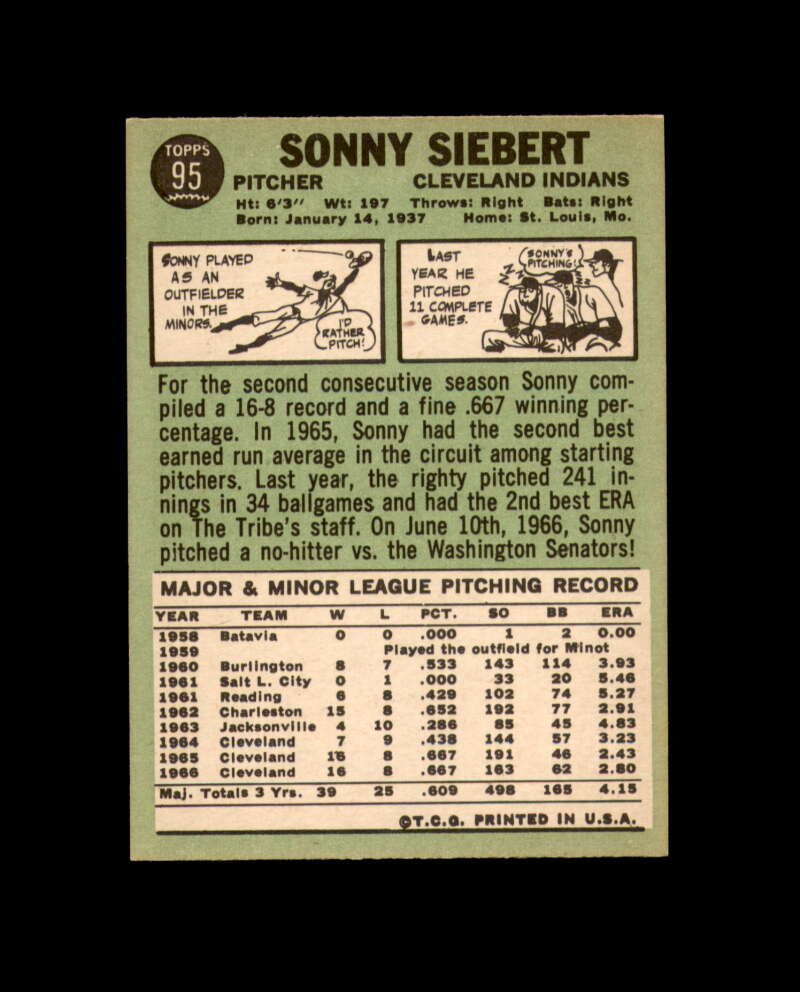 Sonny Siebert Signed Original 1967 Topps Cleveland Autograph