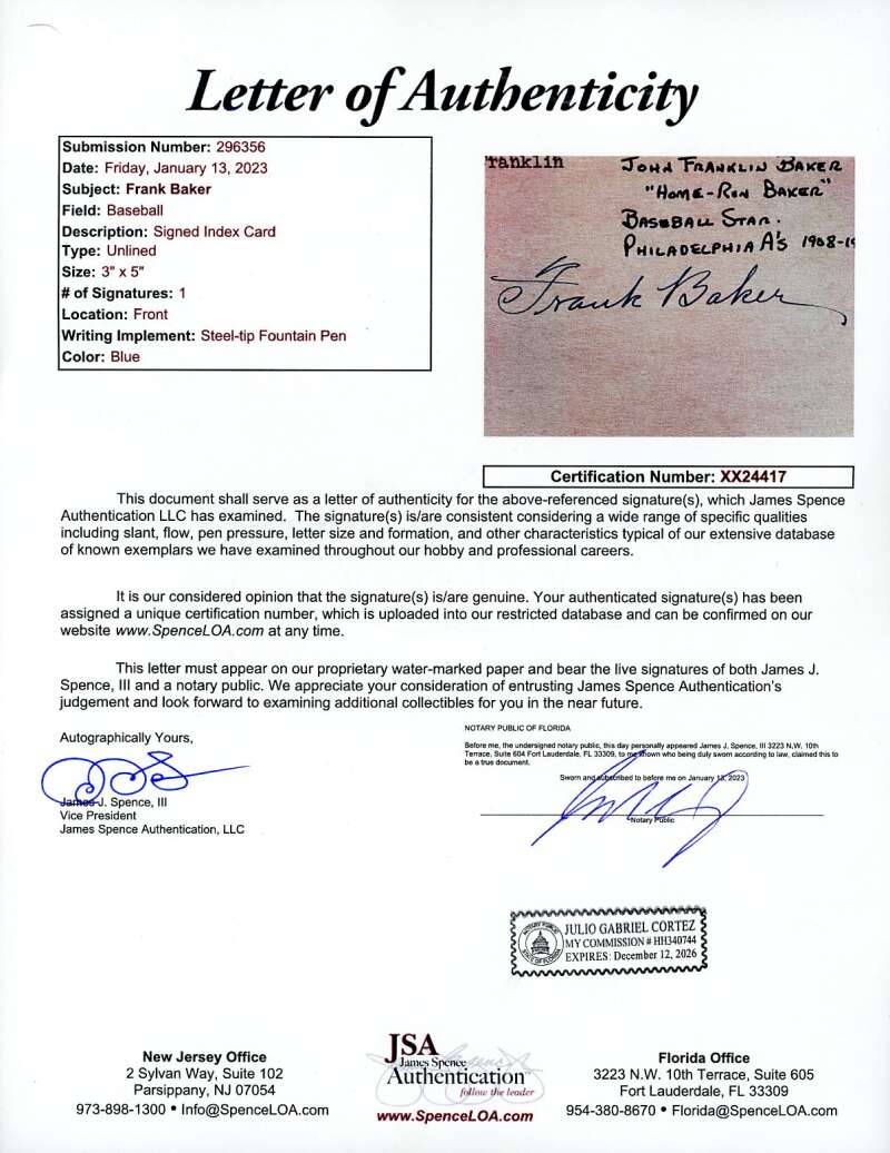 Frank Home Run Baker JSA Loa Signed 3x5 Index Card Autograph