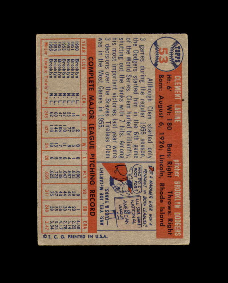 Clem Labine Signed 1957 Topps Brooklyn Dodgers Autograph