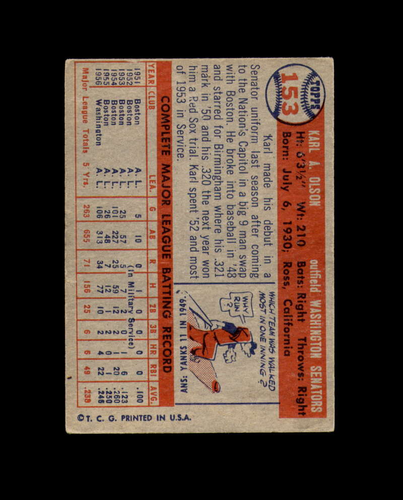 Karl Olson Signed Authentic 1957 Topps Washington Senators Autograph