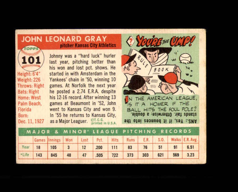 Johnny Gray Signed 1955 Topps Kansas City Athletics Autograph