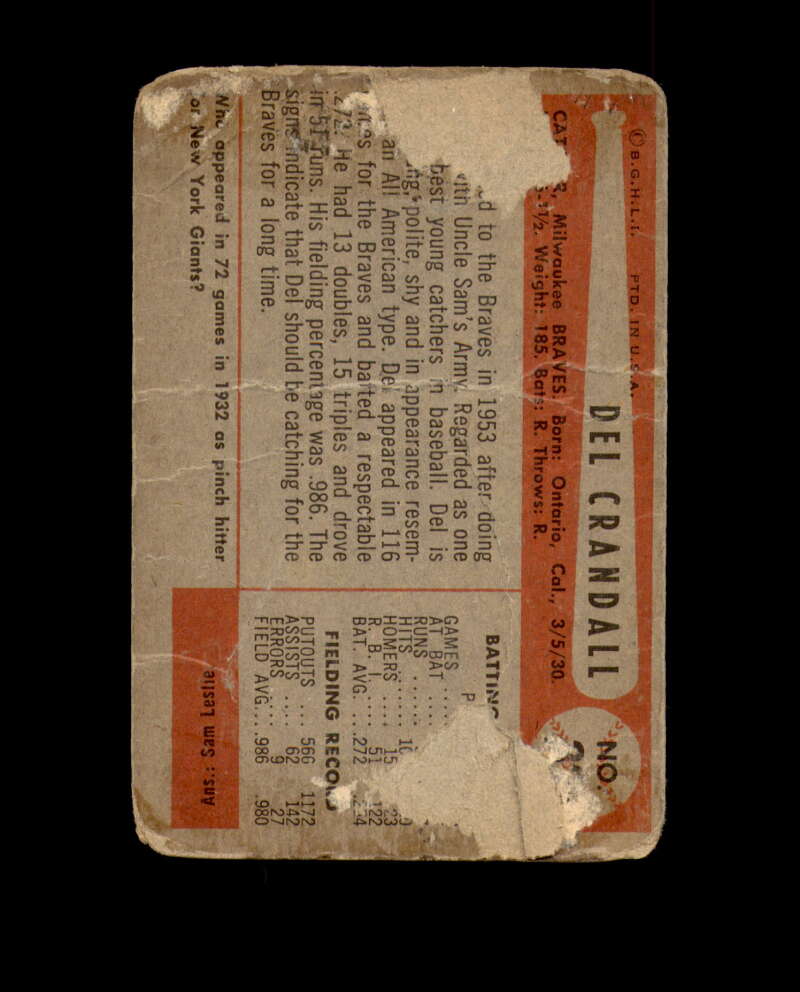 Del Crandall Signed 1954 Bowman Milwaukee Braves Autograph