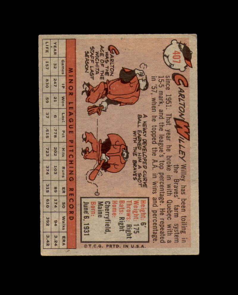 Carlton Willey Signed 1958 Topps Milwaukee Braves Autograph
