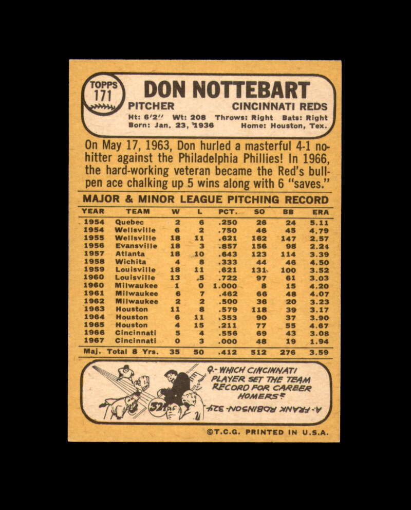 Don Nottebart Signed Original 1968 Topps Cincinnati Reds Autograph