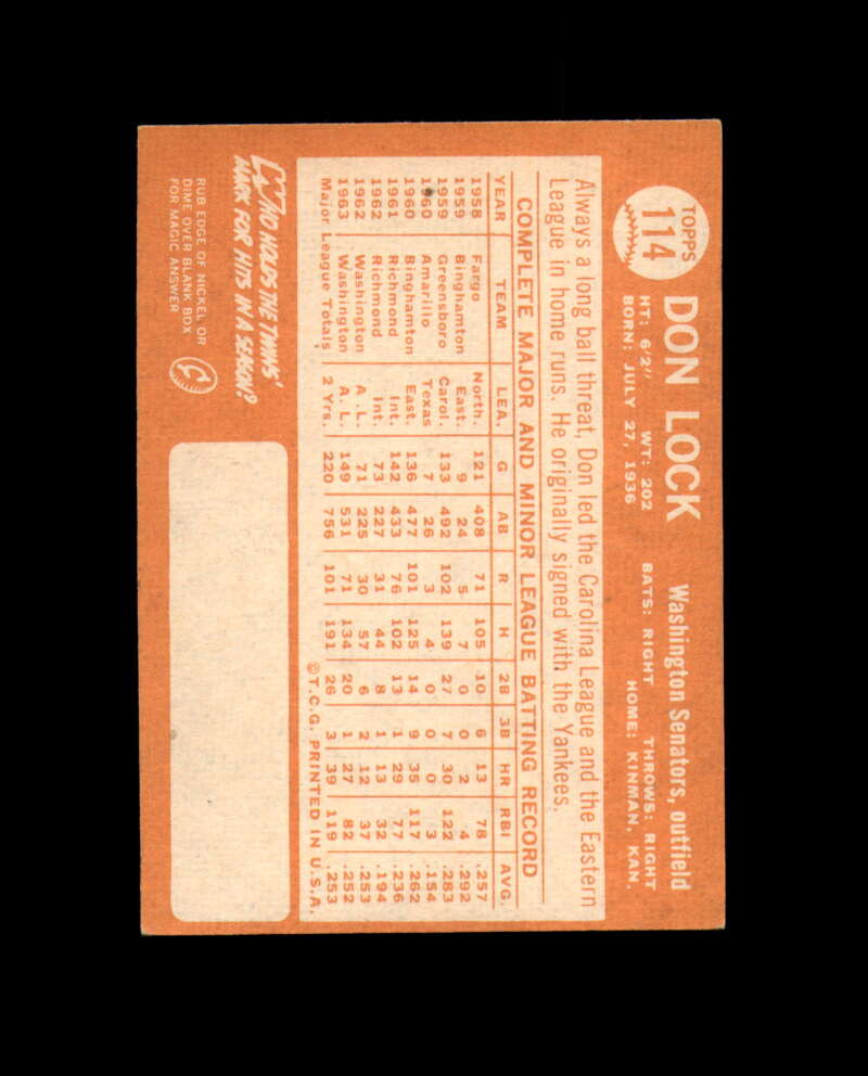 Don Lock Signed Authentic 1964 Topps Washington Senators Autograph