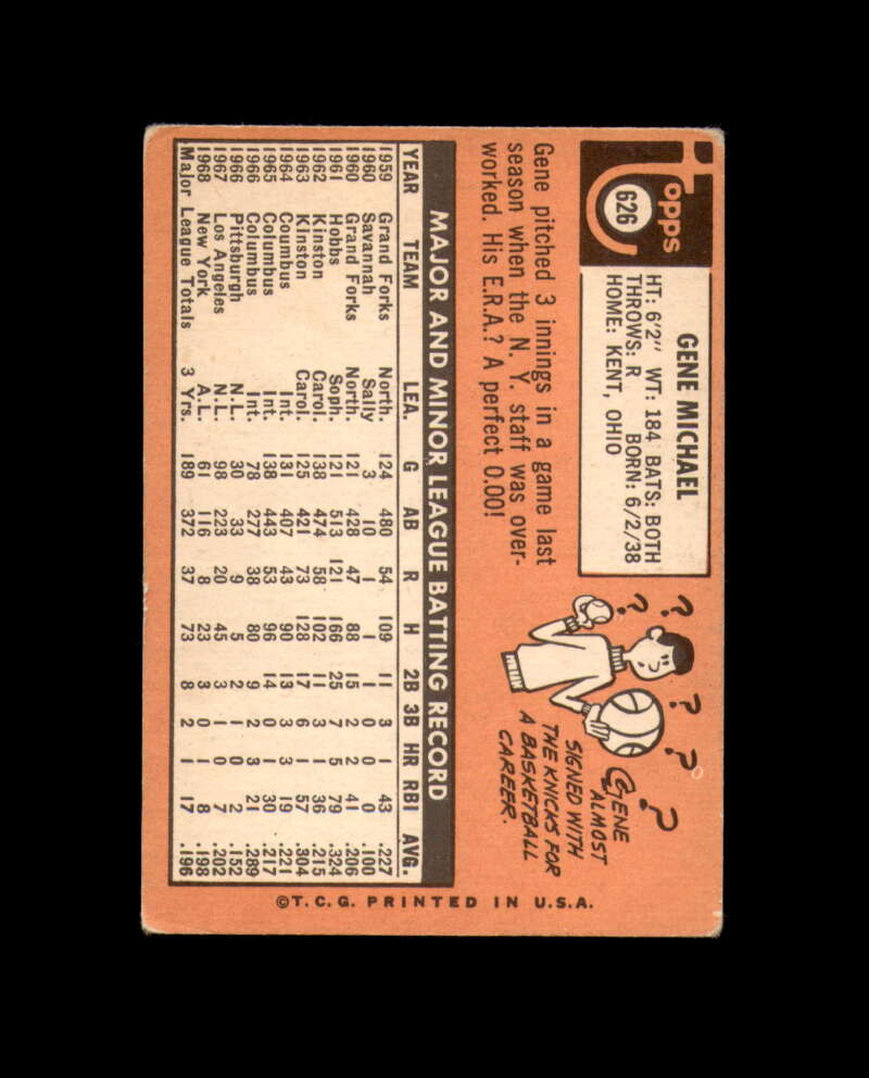 Gene Michael Signed Authentic 1969 Topps New York Yankees Autograph