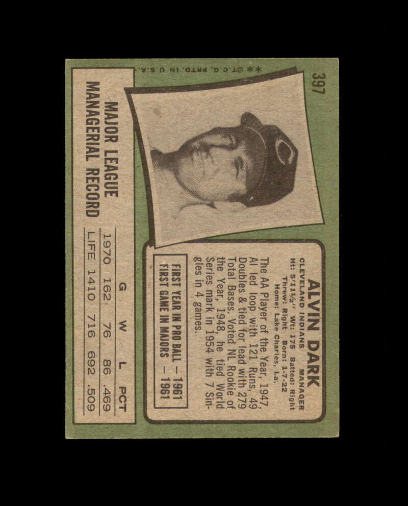 Al Dark Signed 1971 Topps Cleveland Autograph