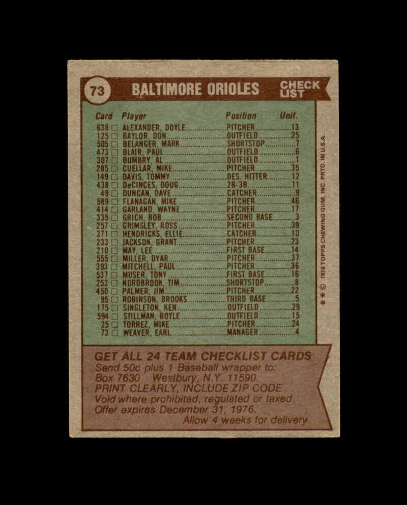 Weaver Breechen Signed by 6 1976 Topps Team Baltimore Orioles Autograph