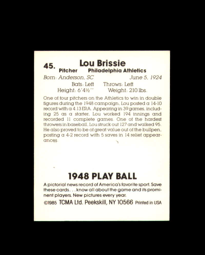 Lou Brissie Signed 1948 Play Ball 1985 TCMA Reprint Philadelphia Athletics Autograph