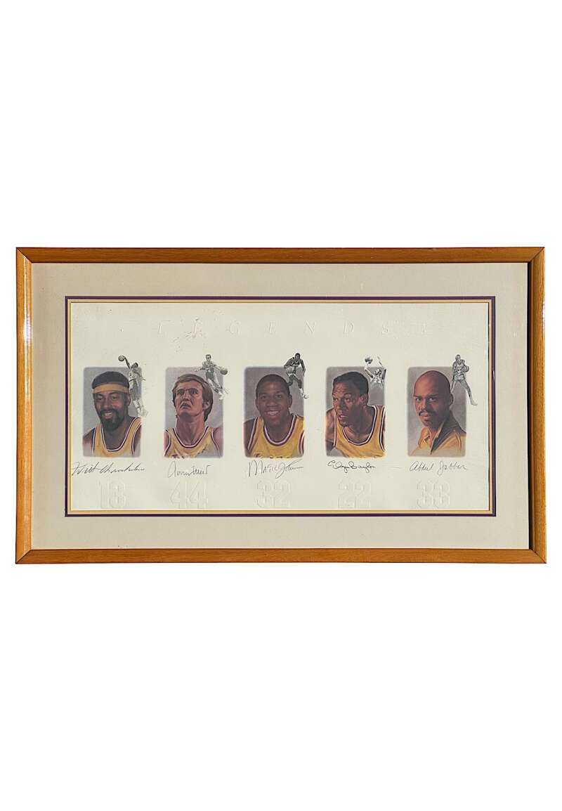 LA Lakers Legends Wilt Kareem Magic West Baylor PSA DNA Loa Signed 22x44 Framed Lithograph