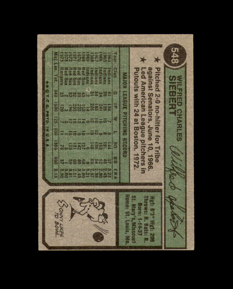 Sonny Siebert Signed 1974 Topps St. Louis Cardinals Autographed