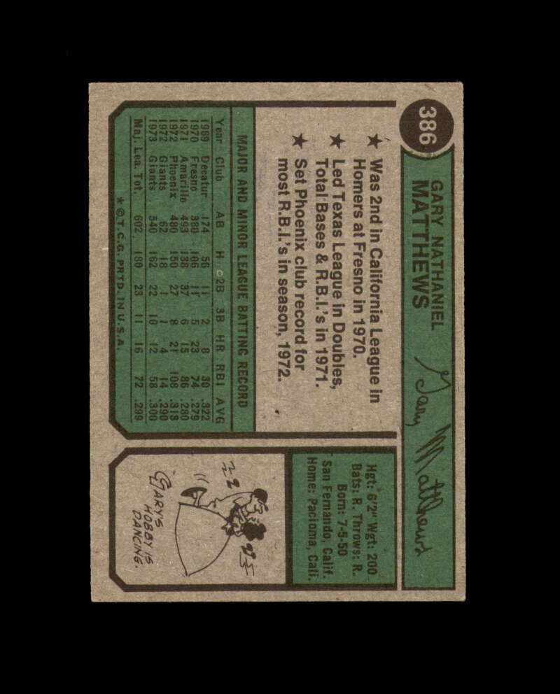 Gary Matthews Signed 1974 Topps San Francisco Giants Autograph