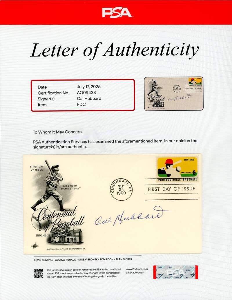 Cal Hubbard PSA DNA Signed 1969 First Day Cover Cache FDC Autograph