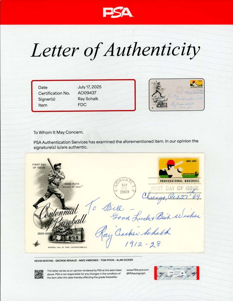 Ray Schalk PSA DNA Signed 1969 First Day Cover Cache FDC Autograph