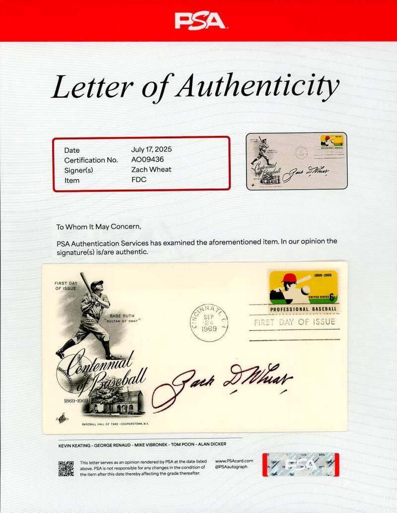 Zach Wheat PSA DNA Signed 1969 First Day Cover Cache FDC Autograph