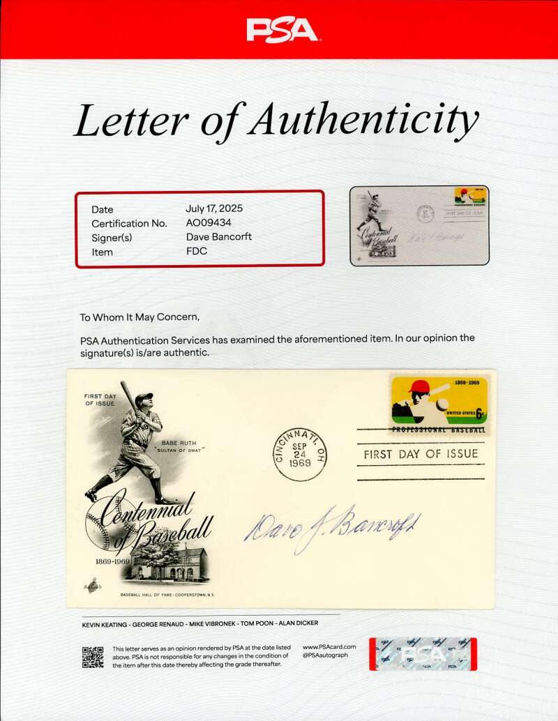 Dave Bancroft PSA DNA Signed 1969 First Day Cover Cache FDC Autograph