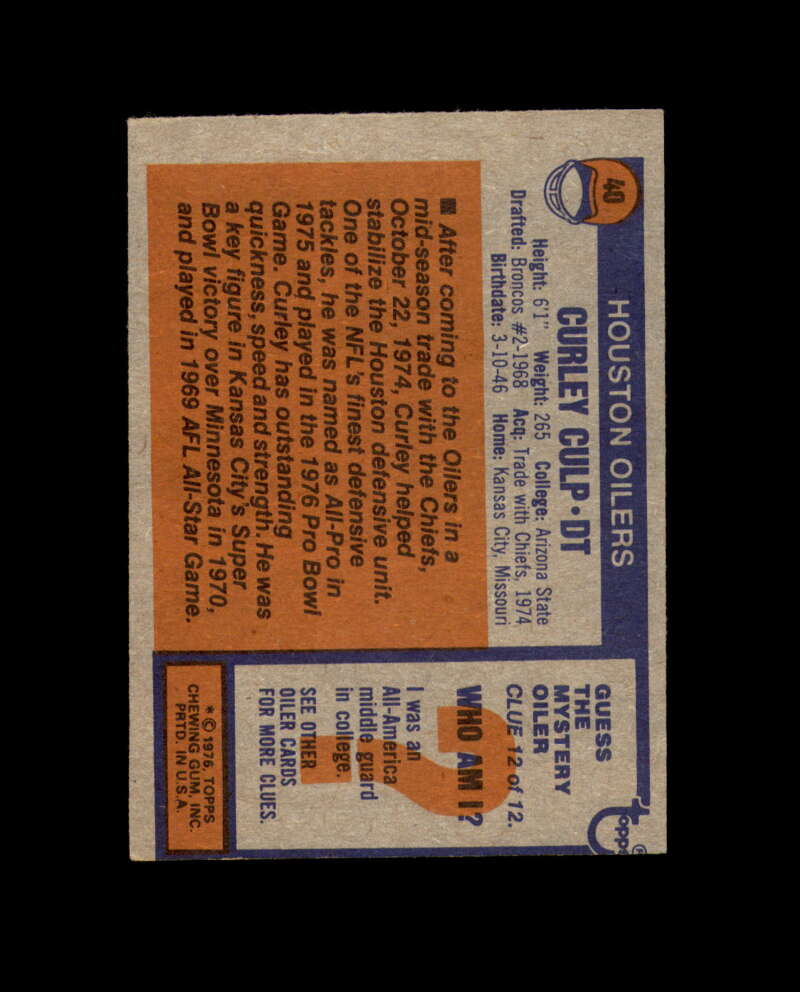 Curley Culp Signed HOF 1976 Topps Houston Oilers Autograph
