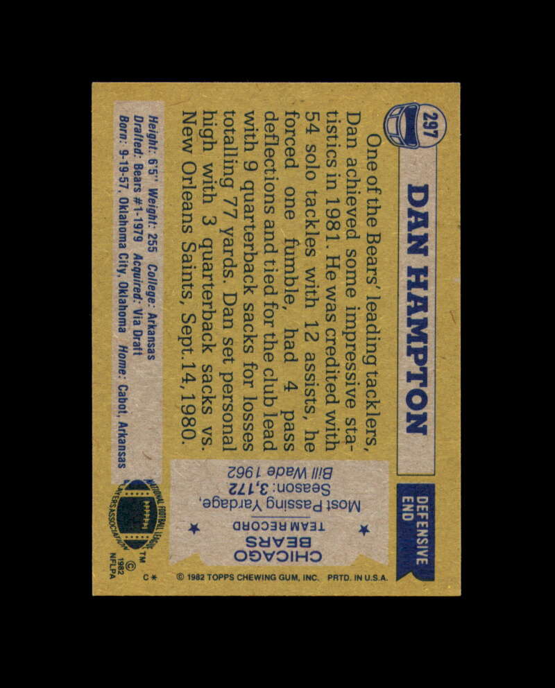 Dan Hampton Signed HOF 1982 Topps Chicago Bears Autograph