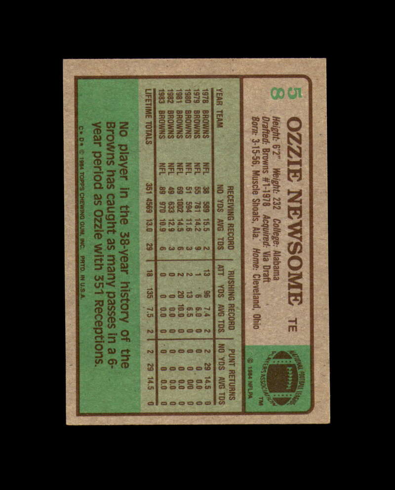 Ozzie Newsome Signed HOF 1984 Topps Cleveland Browns Autograph