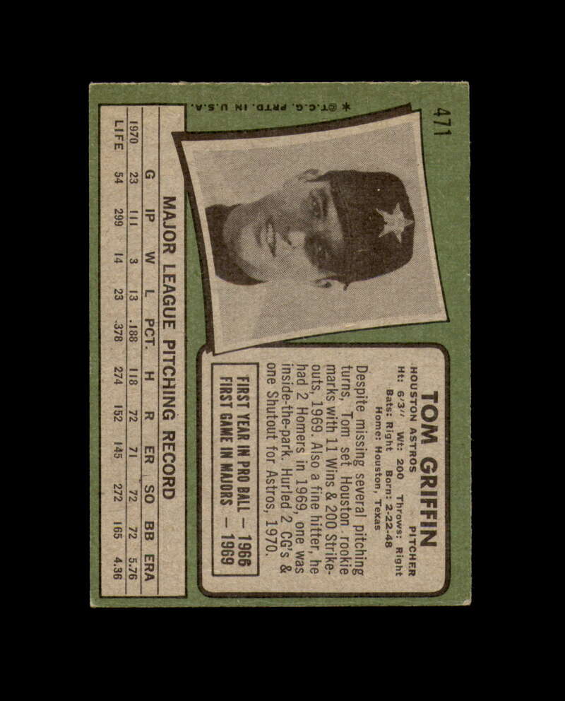 Tom Griffin Signed Original 1971 Topps Houston Astros Autograph