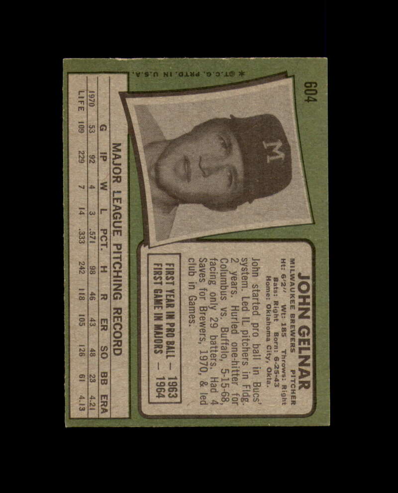 John Gelnar Signed Original 1971 Topps Milwaukee Autograph