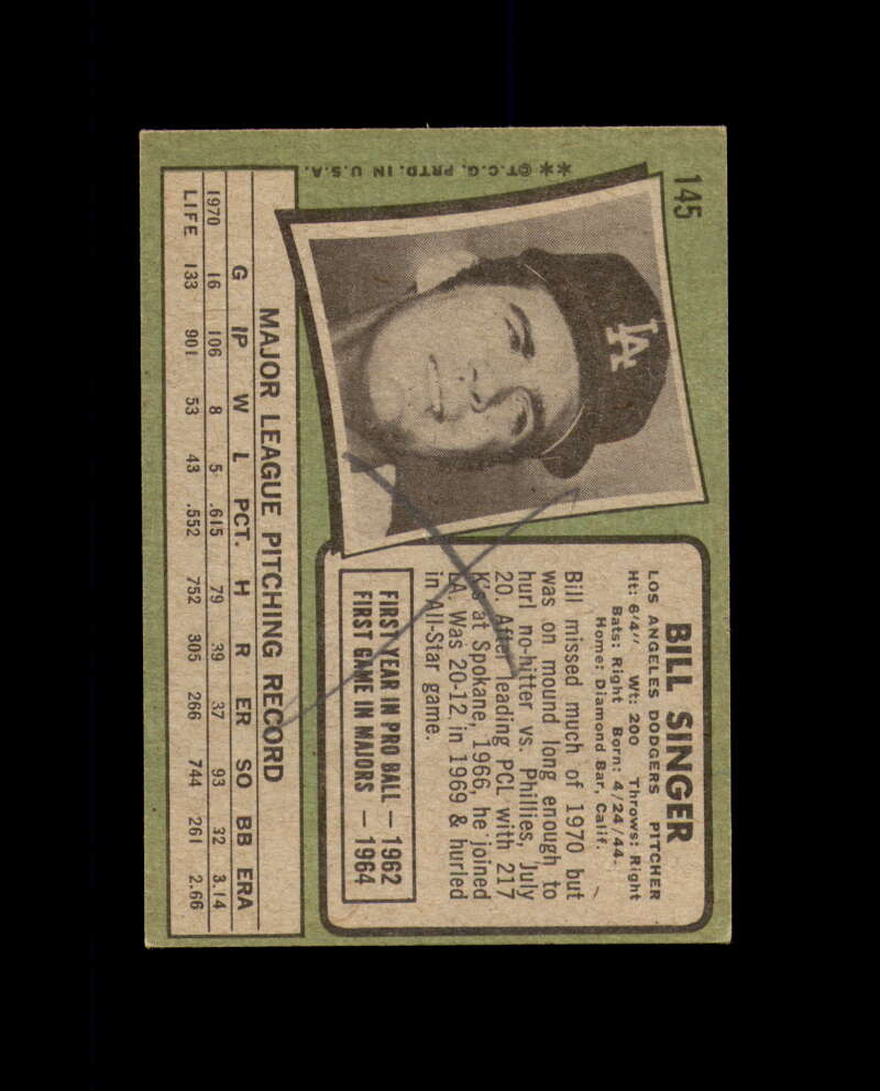 Bill Singer Signed 1971 Topps Los Angeles Dodgers Autograph