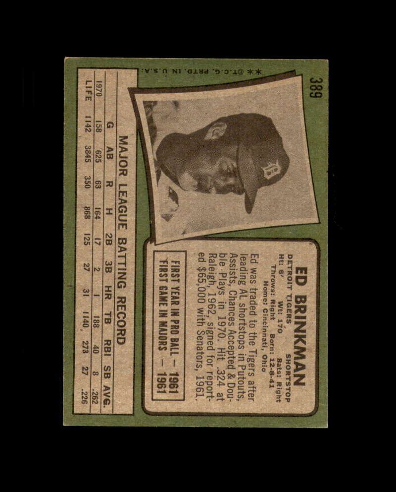 Ed Brinkman Signed Original 1971 Topps Detroit Tigers Autograph