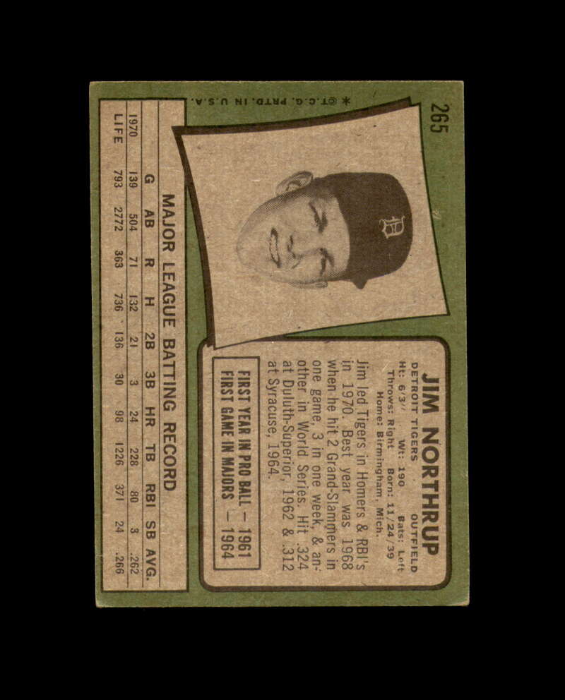 Jim Northrup Signed Original 1971 Topps Detroit Tigers Autograph