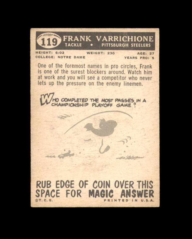 Frank Varrichione Signed 1959 Topps Pittsburgh Steelers Autograph